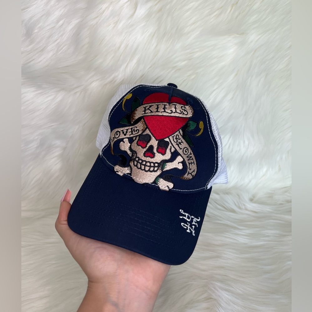 Ed Hardy Navy/White Heart Skull Trucker Hat
